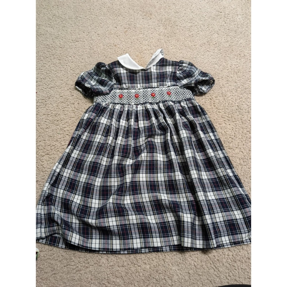 Vintage Baby Girls Plaid Smocked Dress Peter Pan Collar Red Floral Navy White 3T